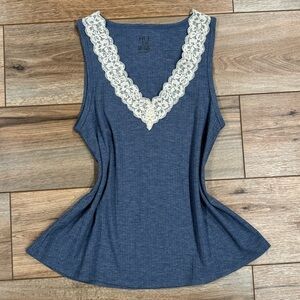 HUE Boho Blue Lace Trim Flared Tank Top | Size Medium